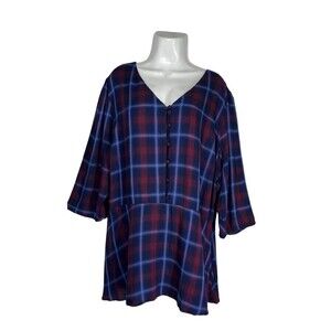 Lane Bryant Plus Size 26 Plaid Tunic Top V Neck 3/4 Sleeve Peplum Blouse Career